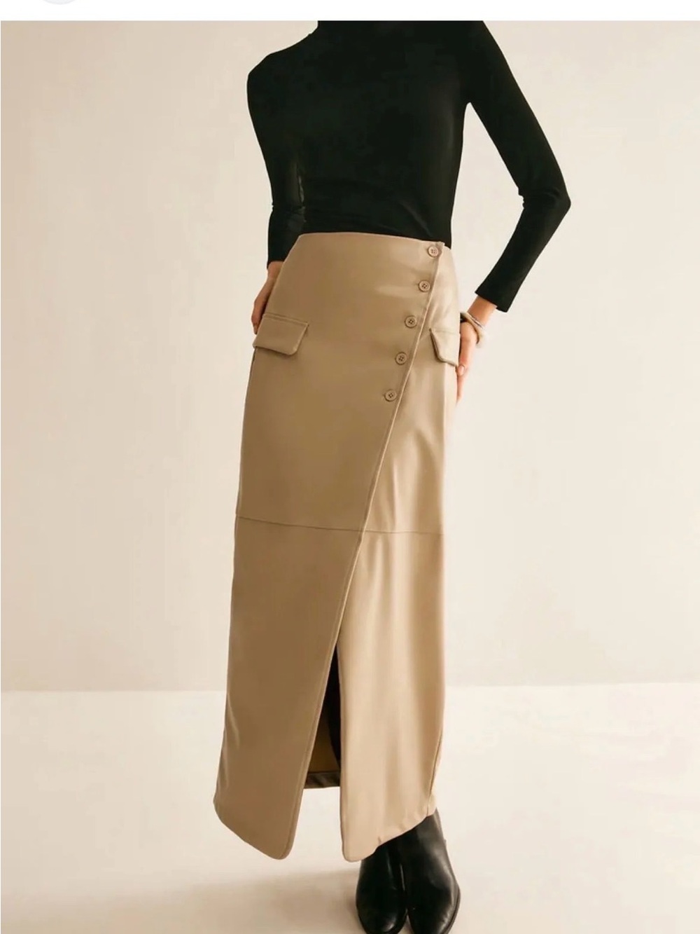 Commense Beige Asymmetric Button-Front Maxi Skirt